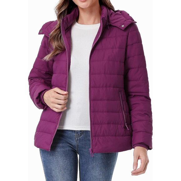 Womens Purple 100% Polyester Lightweight Waterproof Hooded Quilted Puffer Jacket - Picture 2 of 7